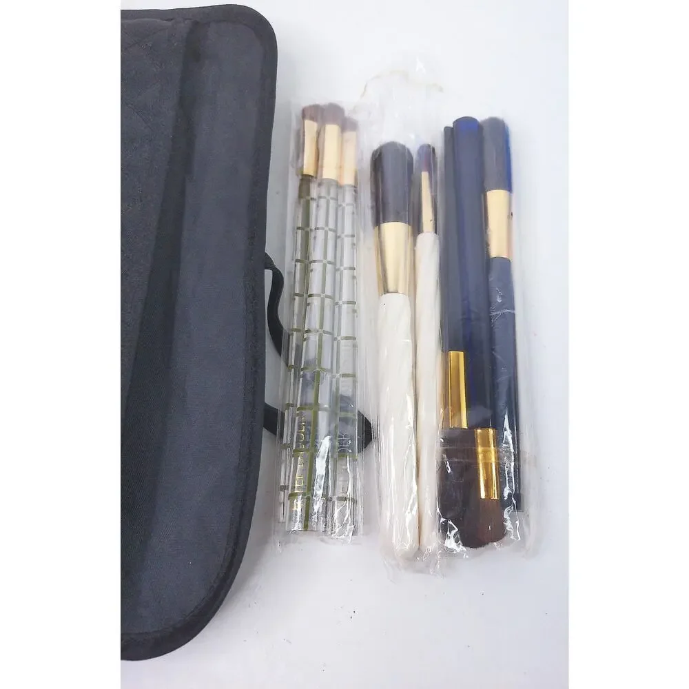 Vintage Estee Lauder Make Up Brush Lot With Pouch 3 Sets Navy White Gold Plaid